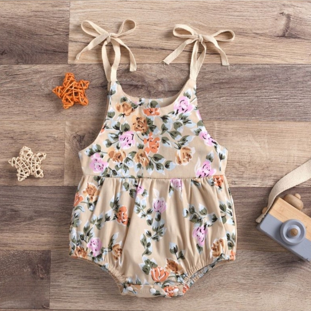 ​Boho Floral Baby Girl Romper Vintage Flower Print Jumper with Tie Straps 9-12M